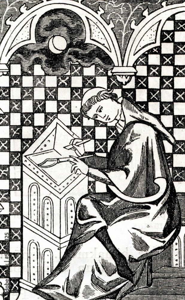Obraz premium Monastic scribe, copying the manuscript in his cell