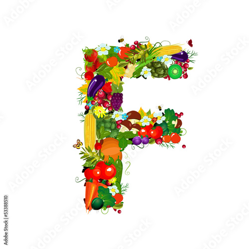 Fresh vegetables and fruits letter F