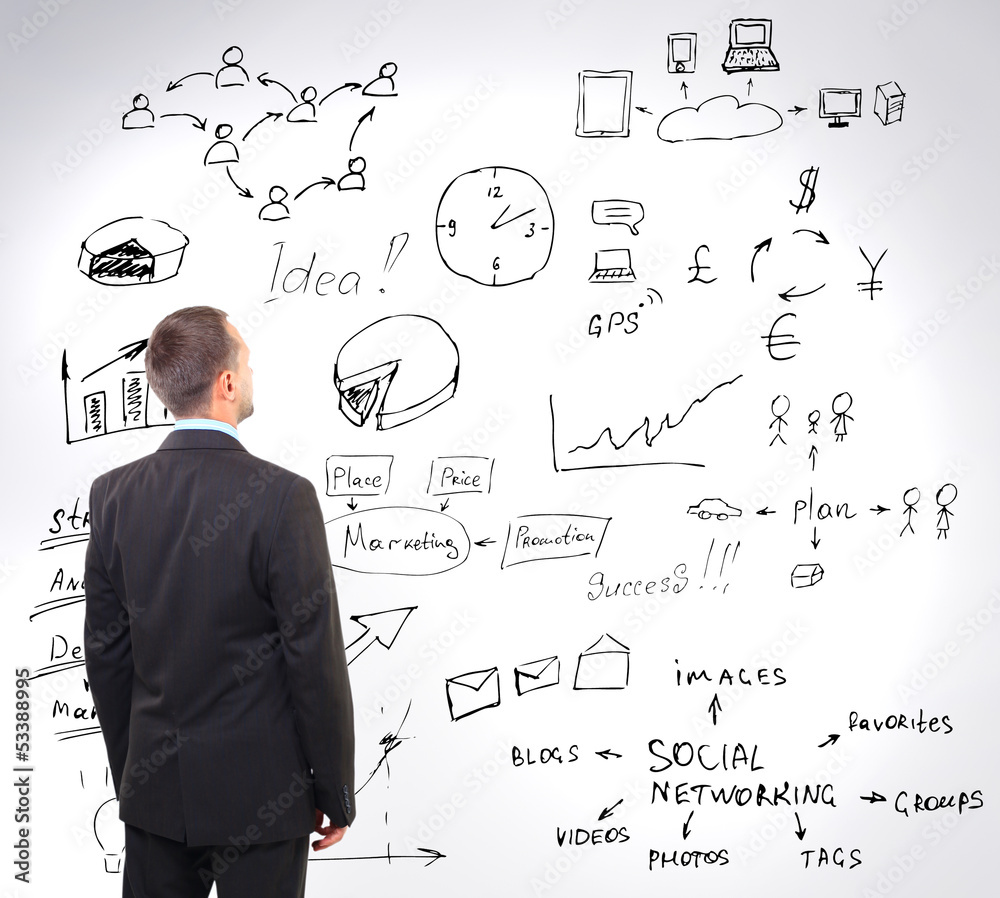 man looking at business strategy on the wall man looking at business strategy on the wall