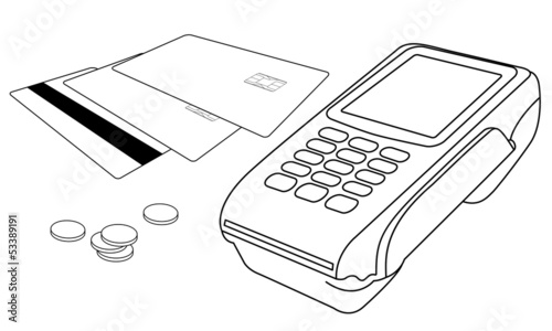 Outlines of POS terminal, credit cards and few coins