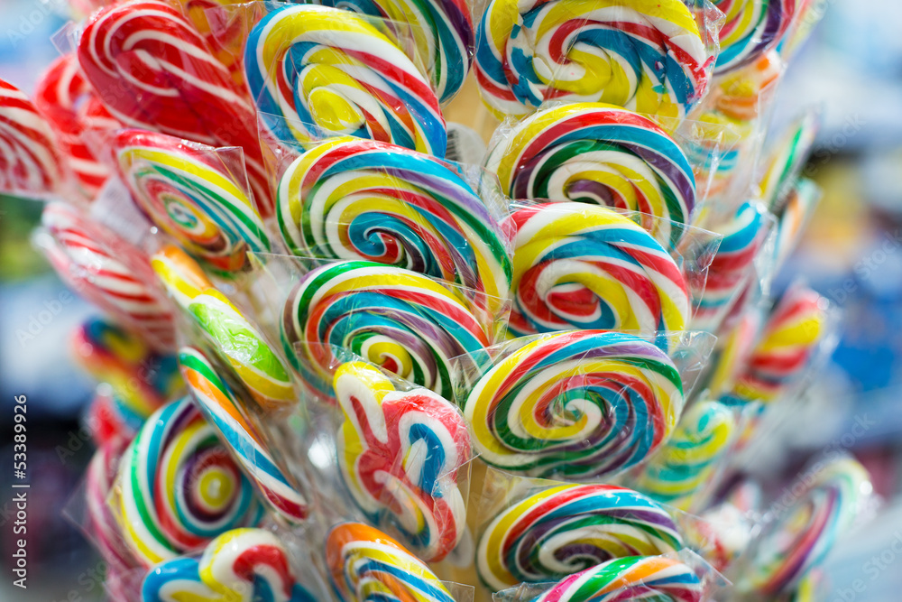 Mixed colorful fruit bonbon lollipops