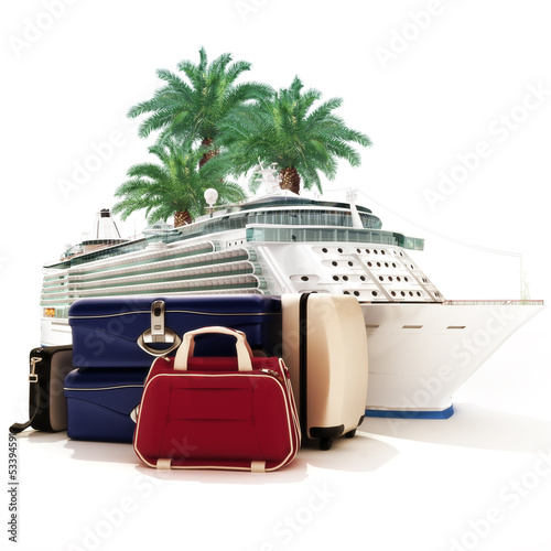 Cruise ship with luggage and palms in the background. photo