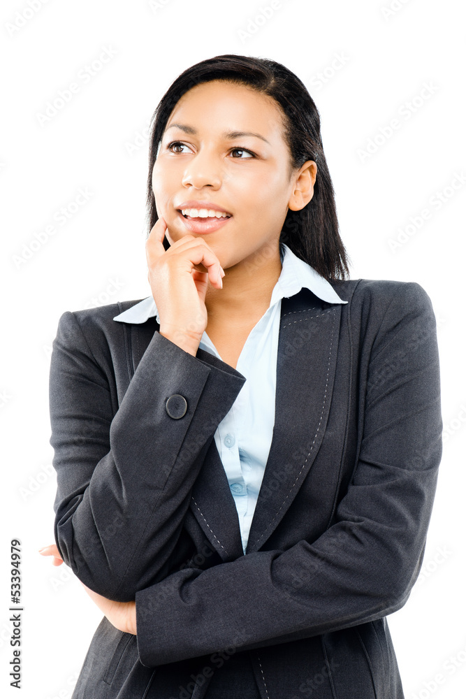 thinking mixed race businesswoman white background thinking mixed race businesswoman white background