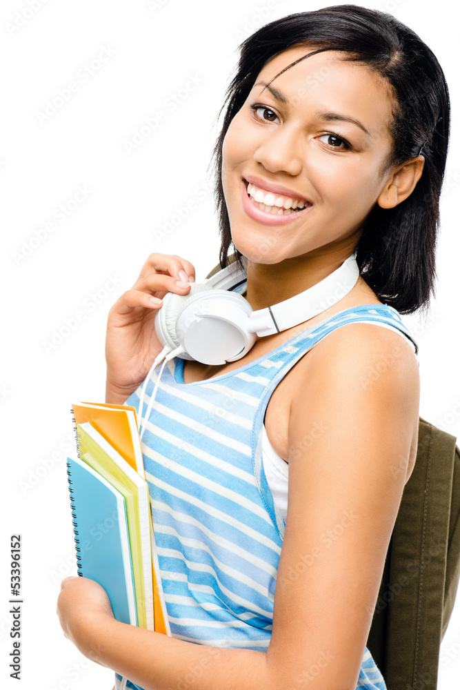 Happy mixed race student back to school isolated on white backgr Happy mixed race student back to school isolated on white backgr