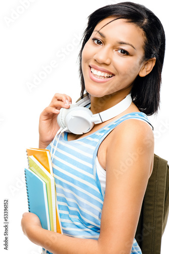 Happy mixed race student back to school isolated on white backgr