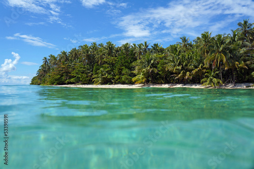 Tropical island beach with luxuriant vegetation