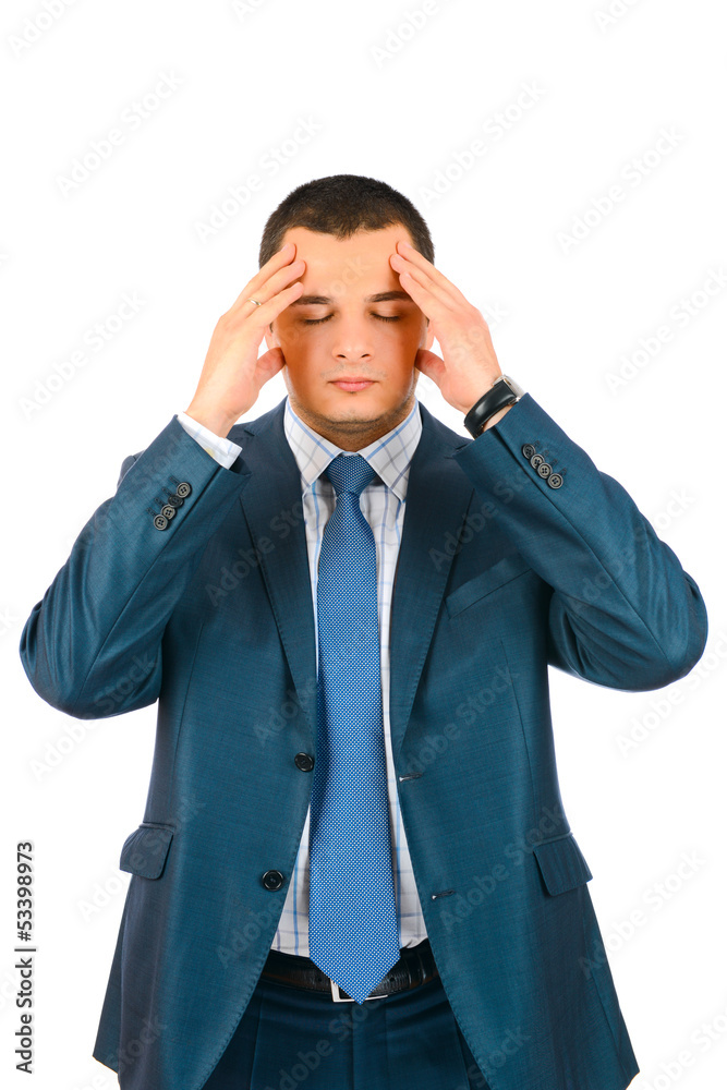 Business man with headache rubbing temples Business man with headache rubbing temples