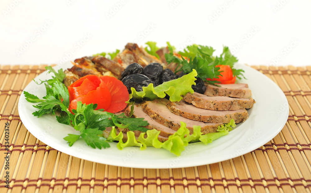 Meat, cut into slices beautifully decorated. Meat, cut into slices beautifully decorated.