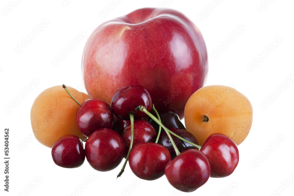 composition of cherries, apple and apricots isolated on white ba composition of cherries, apple and apricots isolated on white ba