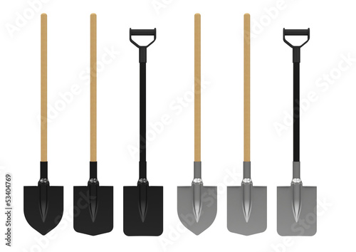 Shovels on white background with different shapes and handles photo