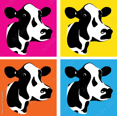 a set of three coloured cow heads