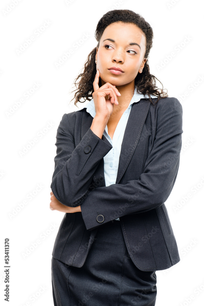 Young mixed race businesswoman thinking isolated on white backgr Young mixed race businesswoman thinking isolated on white backgr