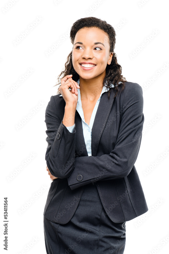 Young mixed race businesswoman thinking isolated on white backgr Young mixed race businesswoman thinking isolated on white backgr