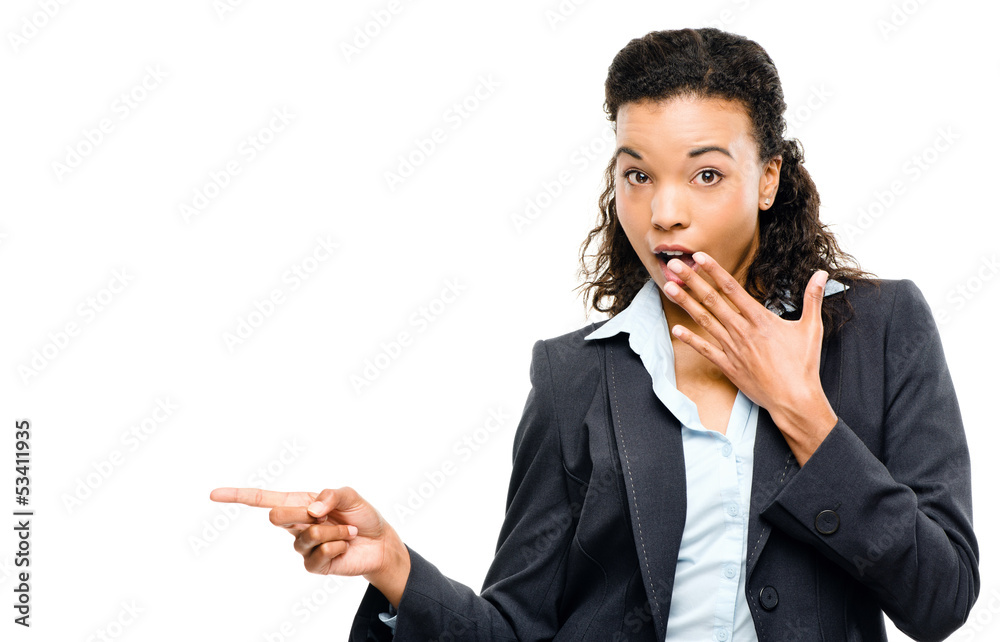 Attractive African American businesswoman pointing isolated on w Attractive African American businesswoman pointing isolated on w
