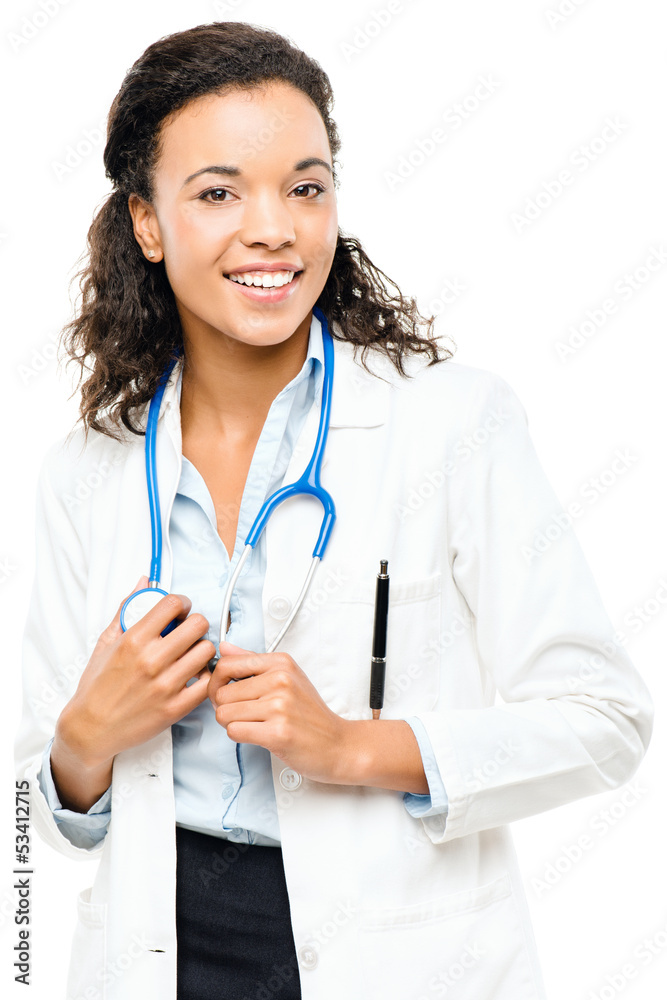 African American Doctor happy smiling isolated on white backgrou African American Doctor happy smiling isolated on white backgrou