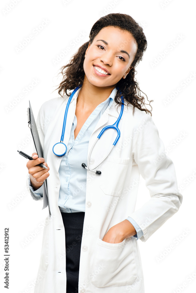 African American Doctor happy smiling isolated on white backgrou African American Doctor happy smiling isolated on white backgrou