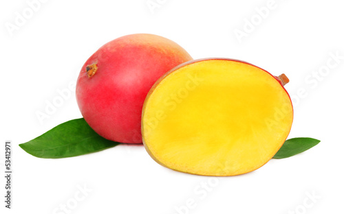 One whole and a half ripe mango on white background