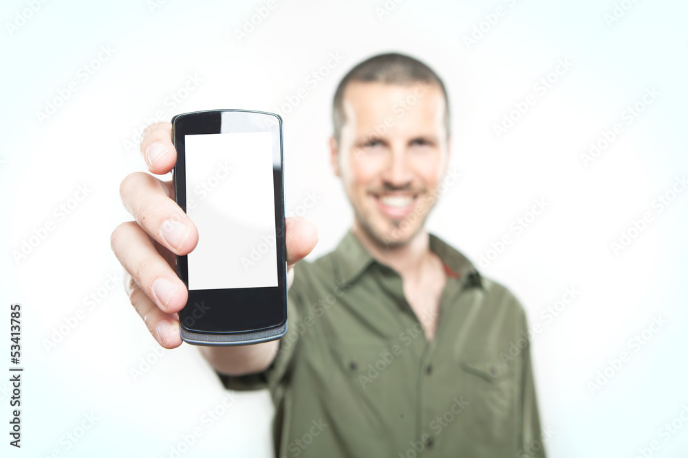 Youn man showing a smart phone Youn man showing a smart phone