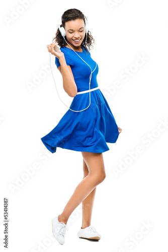 Beautiful mixed race woman dancing sexy blue dress isolated on w
