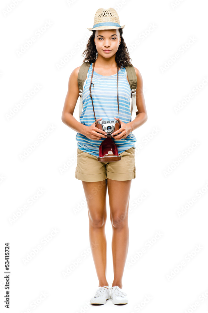 Happy African American woman tourist isolated on white backgrou Happy African American woman tourist isolated on white backgrou