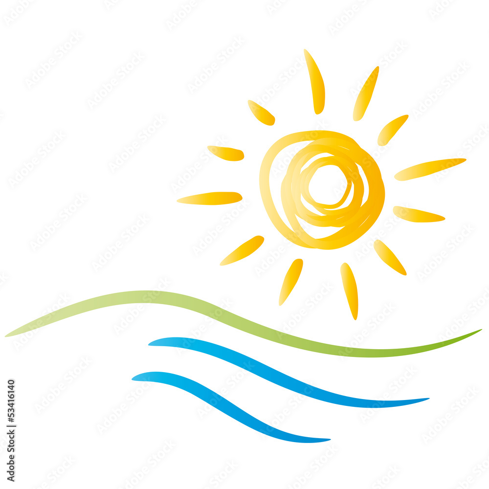 Fototapeta premium Sommerzeit, Urlaubszeit, Sommer - Sonne - Strand und Wasser, Ferienzeit ist Familienzeit, Betriebsferien in den Sommerferien, Logo vektor