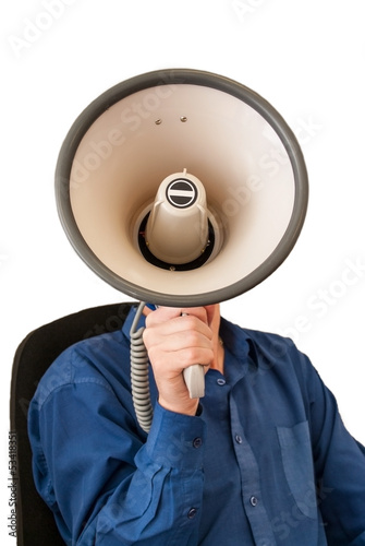 Sitting man with megaphone in hand on the white background