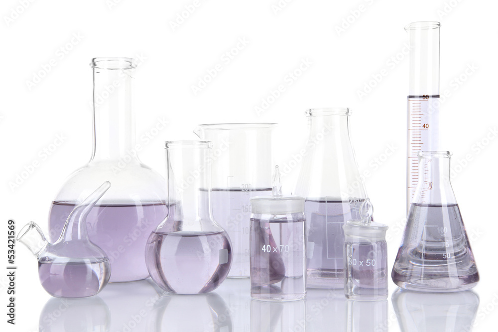 Test-tubes with light purple liquid isolated on white Test-tubes with light purple liquid isolated on white