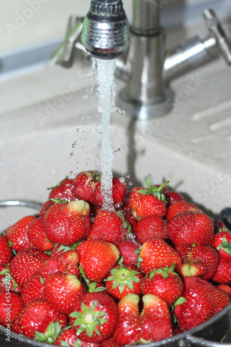 washing fresh red strawberries in a sieve,