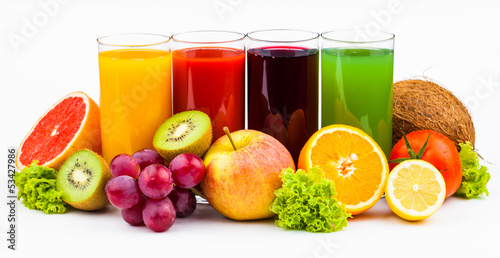 Fresh juices and fruits isolated on white