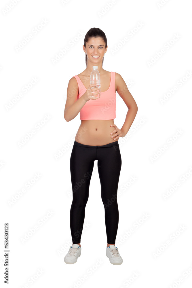 Attractive brunette girl drinking water during training Attractive brunette girl drinking water during training