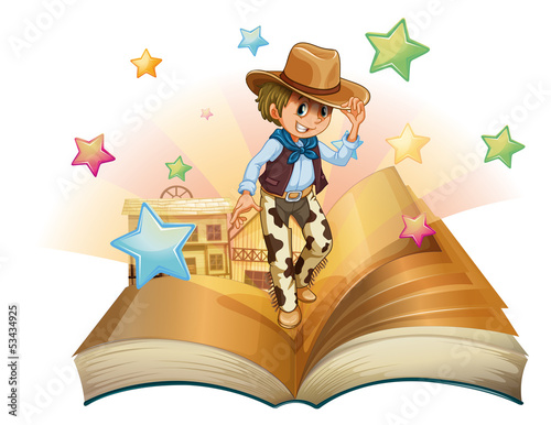 A book with a young cowboy in front of a saloon bar