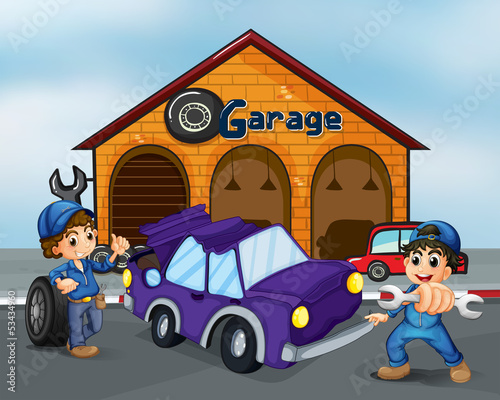 Two boys repairing the violet car