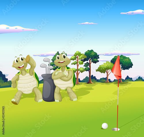 Two turtles playing golf