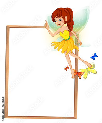 An empty wooden signboard with a floating fairy