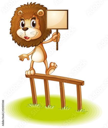 A lion standing on a wooden fence holding an empty signboard