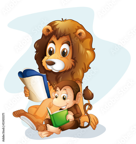 Fototapeta Naklejka Na Ścianę i Meble -  A monkey and a lion reading books