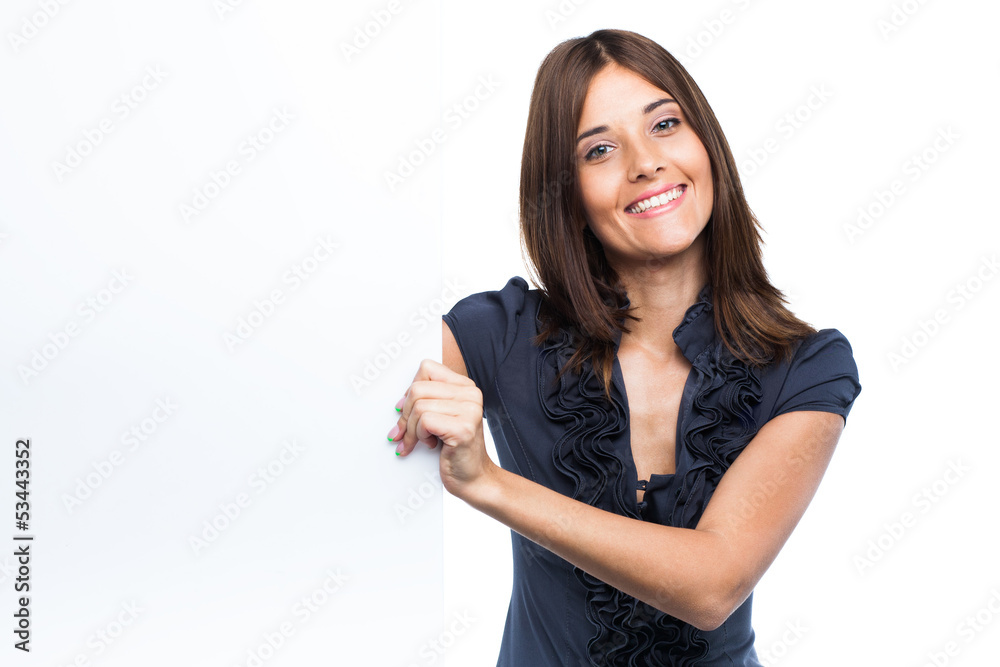 Portrait of a young woman with blank billboard Portrait of a young woman with blank billboard