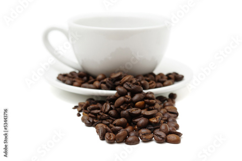 coffee beans and blurred cup