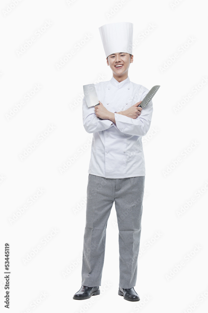 Full Length Portrait of Chef with Kitchen Knives Full Length Portrait of Chef with Kitchen Knives