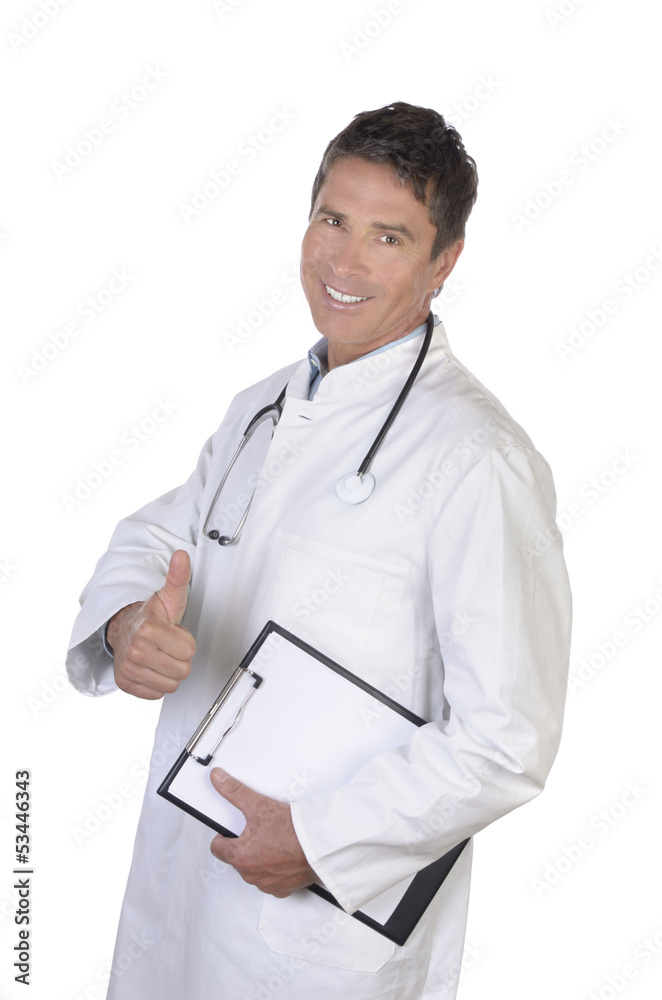 Männlicher Arzt Portrait stehend Daumen hoch Männlicher Arzt Portrait stehend Daumen hoch