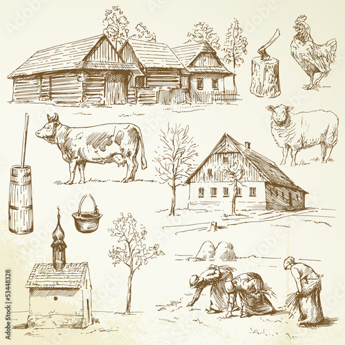 farm, rural houses - hand drawn collection