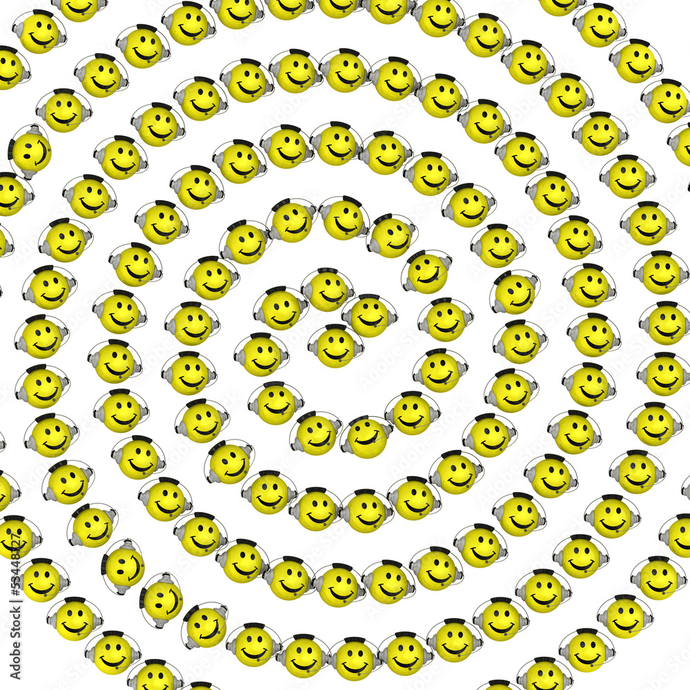 Веселые желтые смайлики с гарнитурой образуют спираль архимеда Stock ...