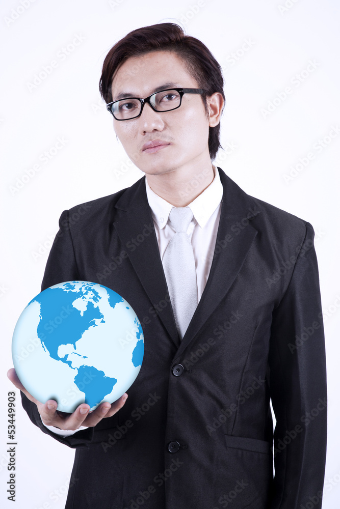 Businessman hold globe on white background Businessman hold globe on white background