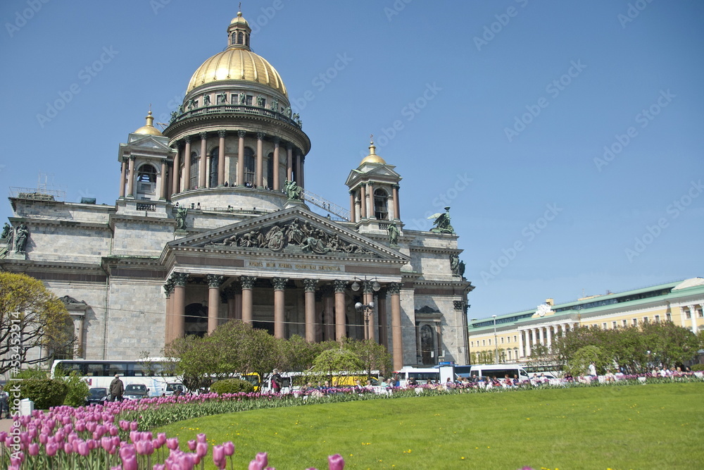 View of St. Isaac's Cathedral in St. Petersburg in spring.