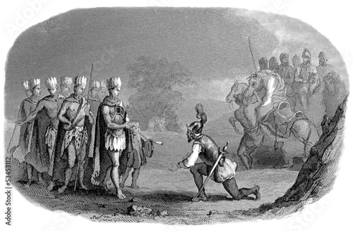 Conquistadores meeting Incas - 16th century photo