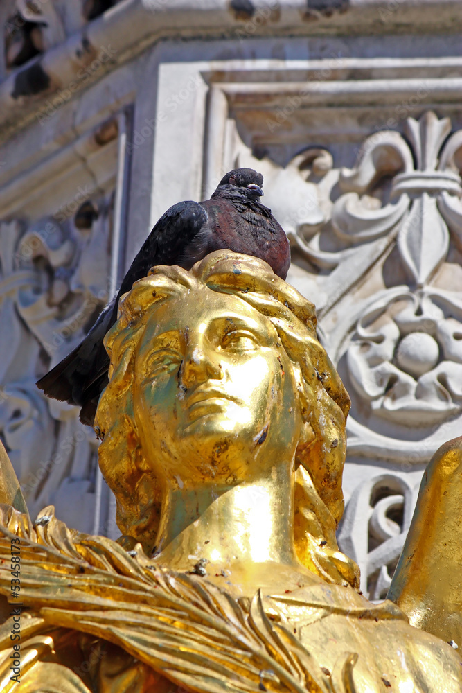 Pigeon on the head of angel near Cathedral of Virgin Mary