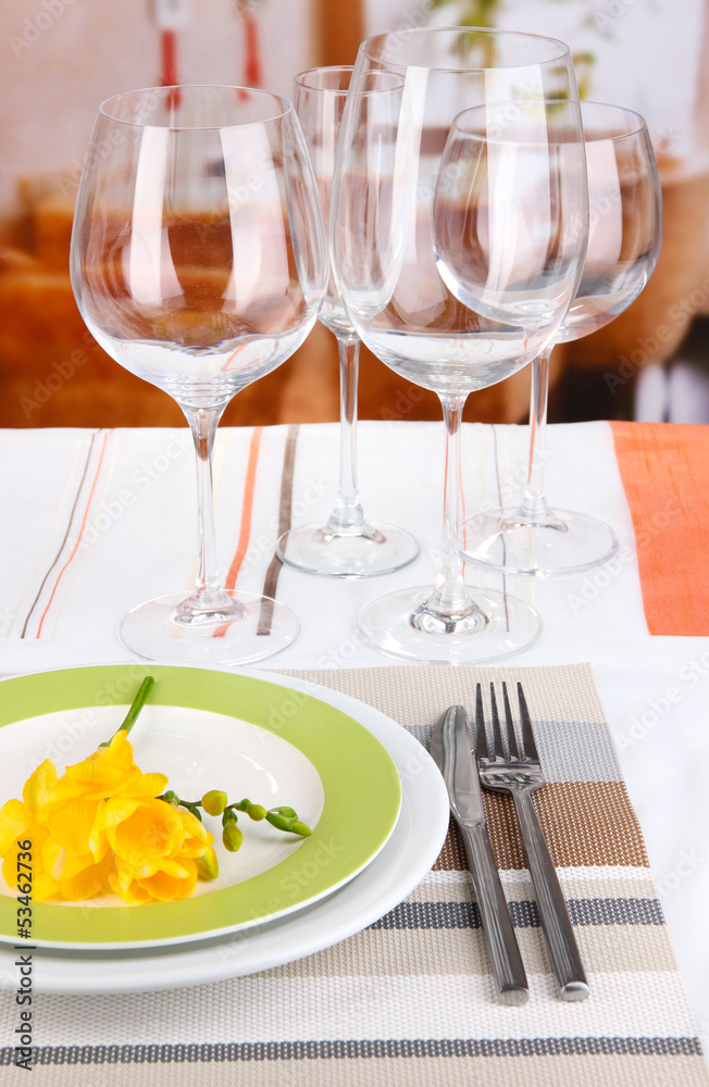 Table setting with glasses for different drinks Table setting with glasses for different drinks