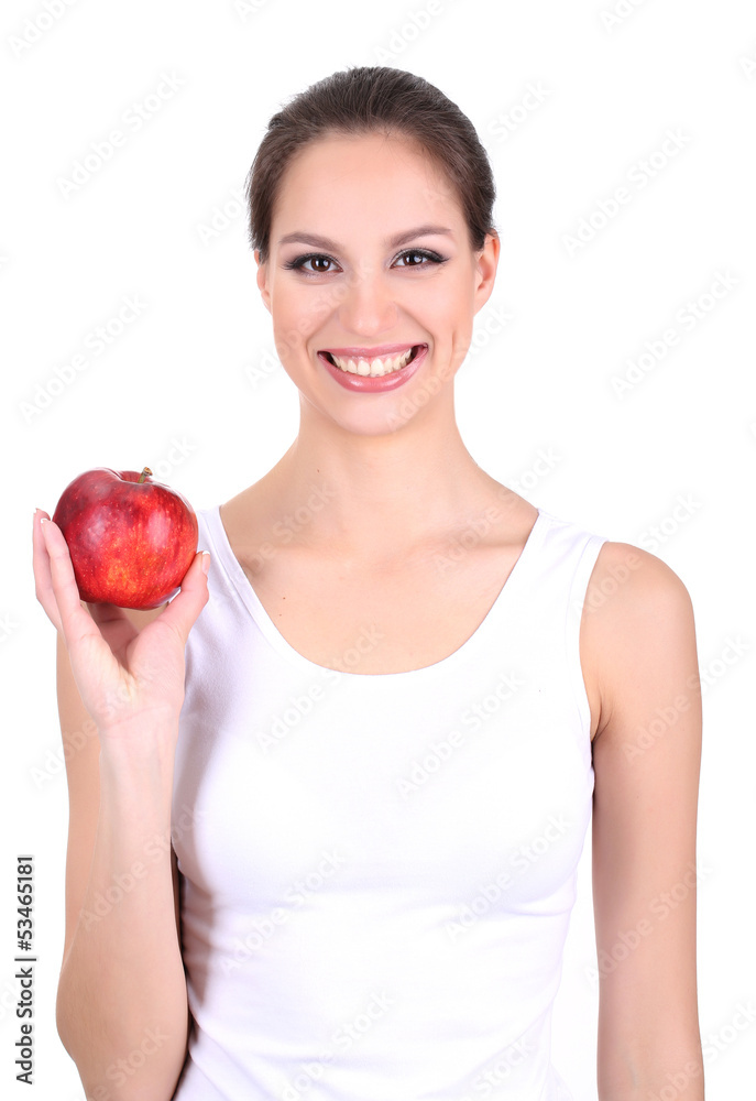 Smiling woman with apple isolated on white Smiling woman with apple isolated on white