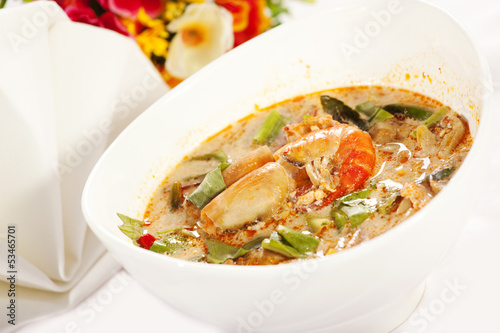 Tom yum kung, Thai style spicy soup with prawn and coconut milk