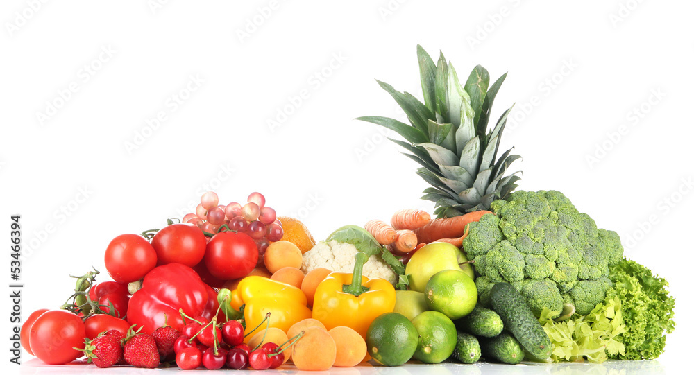 Assortment of fresh fruits and vegetables, isolated on white Assortment of fresh fruits and vegetables, isolated on white